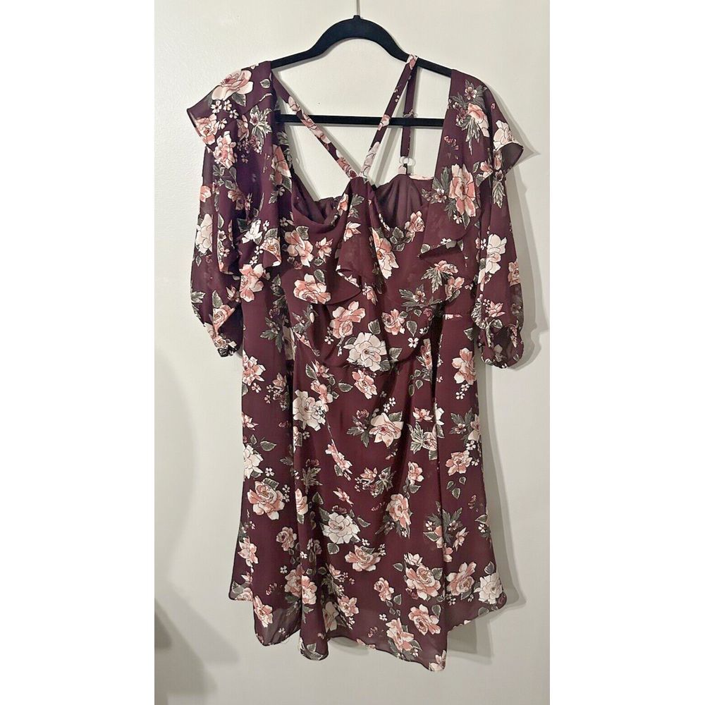 Sz 4 Torrid Floral Purple Fit & Flair Dress‎ Elastic Waist 3/4 Sleeve Stretch